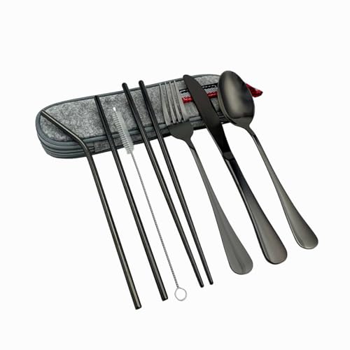 Kit de Talheres em Aço Inox com Estojo Impermeável, Reutilizável, para Casa, Trabalho e Viagem (Preto)