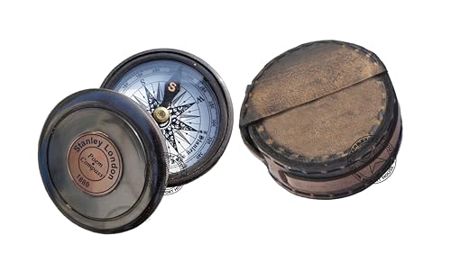 Brújula de bolsillo de latón con sundial y caja de cuero miniatura 1