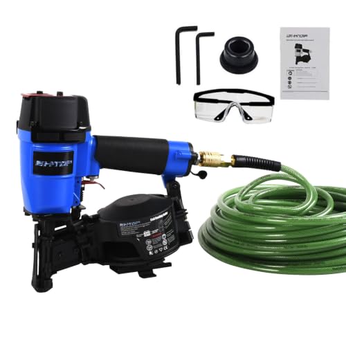 Image of CN45N Roofing Nailer with 100Ft Air Hose, 15 Degree Roofing Nail Gun, 3 /4-Inch to 1-3 /4-Inch Coil Nails, 120-pcs Load Capacity Coil Nailer in Blue