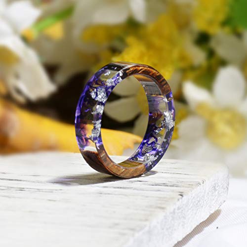 Unique Handmade Wood Plastic Resin Band Ring with Silver Foil Inside Ocean Blue Crystal Ring Best Gift for Her4