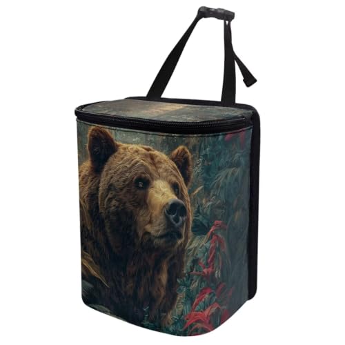 Image of Talayituse Forest Bear Print Car Trash Can Portable Auto Garbage Bin Multifunctional Vehicle Interior Accessories with Adjustable Straps Universal Fit Truck SUV Sedan