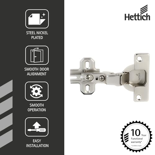 Image of Hettich Slide On 16K Soft Close Cabinet Hinge with Mounting Plate, 4 Hole Inset Door, Nickel Plated, 95 Opening for 14-25mm Panels, Pack of 5 (10 Hinges)