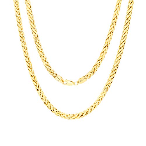 Nuragold 10k Yellow Gold 4mm Franco Rounded Palm Wheat Foxtail Spiga Chain Pendant Necklace, Mens Jewelry Lobster Clasp 16 18 20 22 24 26 28 30