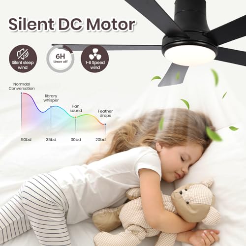 Image of 52 Inch Ceiling Fans with Lights and Remote, Flush Mount Black Ceiling Fan