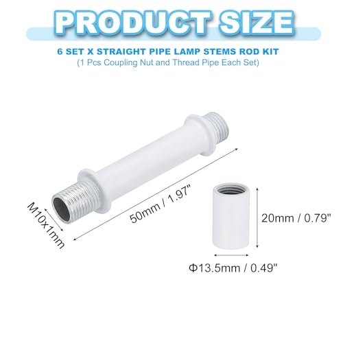 Image of PATIKIL Straight Pipe Lamp Stems Rod Kit, 6 Set M10 Carbon Steel 50mm(1.97 inch) Long Double End Thread Rod with Coupling Nuts Sleeve Connector for Table Lamps Chandeliers, White