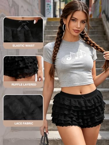Image of Women Y2K Lace Multi-Layered Bloomers Lolita Ruffle Shorts Cute Mini Skirt | Tiered layers, elastic waist, pumpkin pants, for rave party /country concert /festival