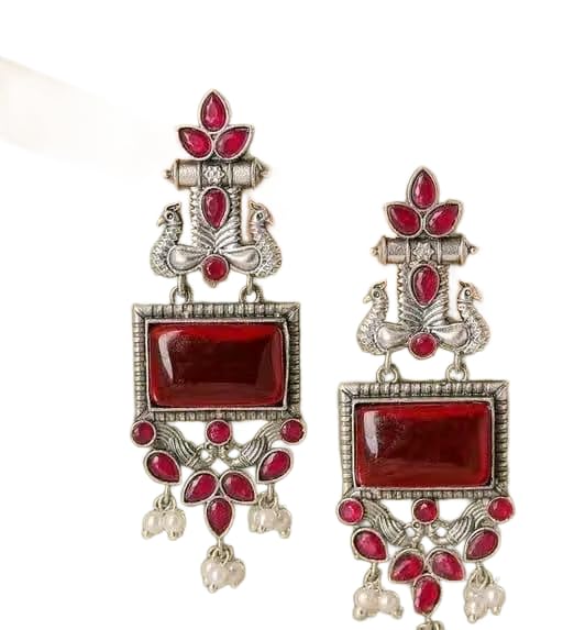 Elegant German Silver Oxidized Stone Peacock Earrings with Pearl Drops MOR*BLACK-picture-23
