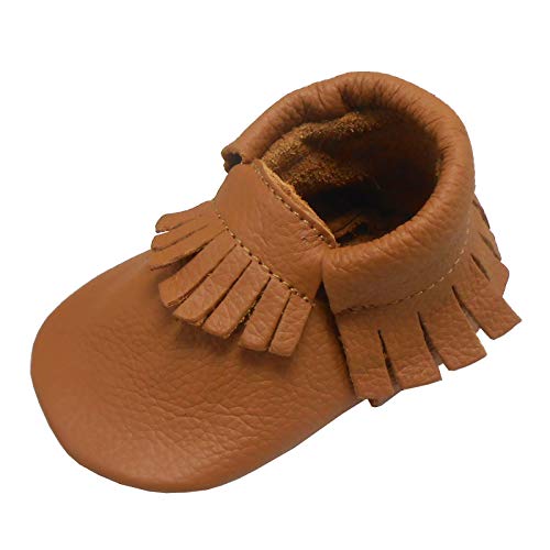 SAYOYO Baby Leather Infant Tassels Shoes Newborn Moccasins Soft Sole Girls Boys Toddler Prewalker 0-6 Months Brown Slippers