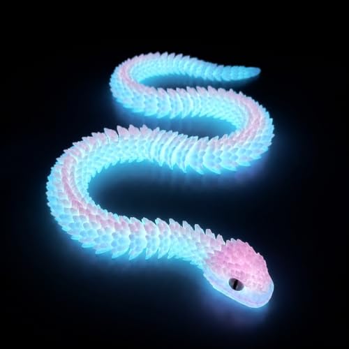 24 Inch Glow in the Dark 3D Printed Snake Luminous Blue Articulated Snake Fidget Toy with Movable Joints Desk Decor Gift for Kids & Adults