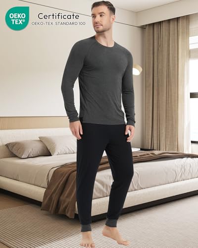 Image of NACHILA Mens Pajamas Set Long Sleeve Henley Sleepwear Top Soft Jogger Pants Pajamas Cool Pjs Set,Viscose Made from Bamboo