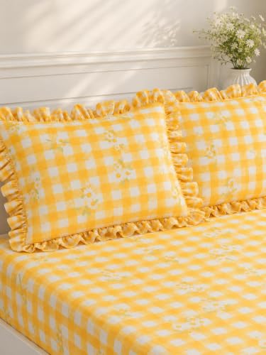 Image of Cotton Feel King Size Flat Bedsheet for Double Bed (90 x 100 Inches | 230 x 250 cm) with 2 Pillow Covers | Soft & Smooth Printed Bedsheet for Daily Use (YELLOWCHECKFrill, King Bed-90x100)