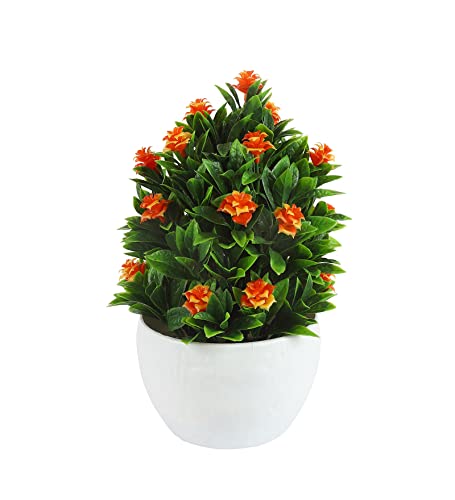 Image of Foliyaj Artificial Plant with Orange Roses in White Pot for Interior Decor | Faux Plant for Desks, Shelves and Side Tables for Your Home and Office | Fake Plants for Indoor Decoration