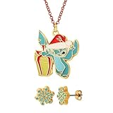 Bijou sous licence officielle Stitch : restez joyeux avec Stitch. Cette jolie parure de bijoux de Noël comprend un collier avec pendentif coloré Stitch et des boucles d'oreilles à tige en forme de flocon de neige doré pour un look joyeux