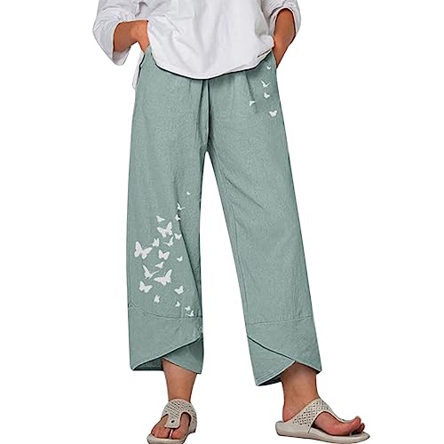 Image of Cotton Linen Capri Pants for Women 2025 Casual Printed Cropped Palazzo Pants Elastic Waist Lounge Baggy Trousers