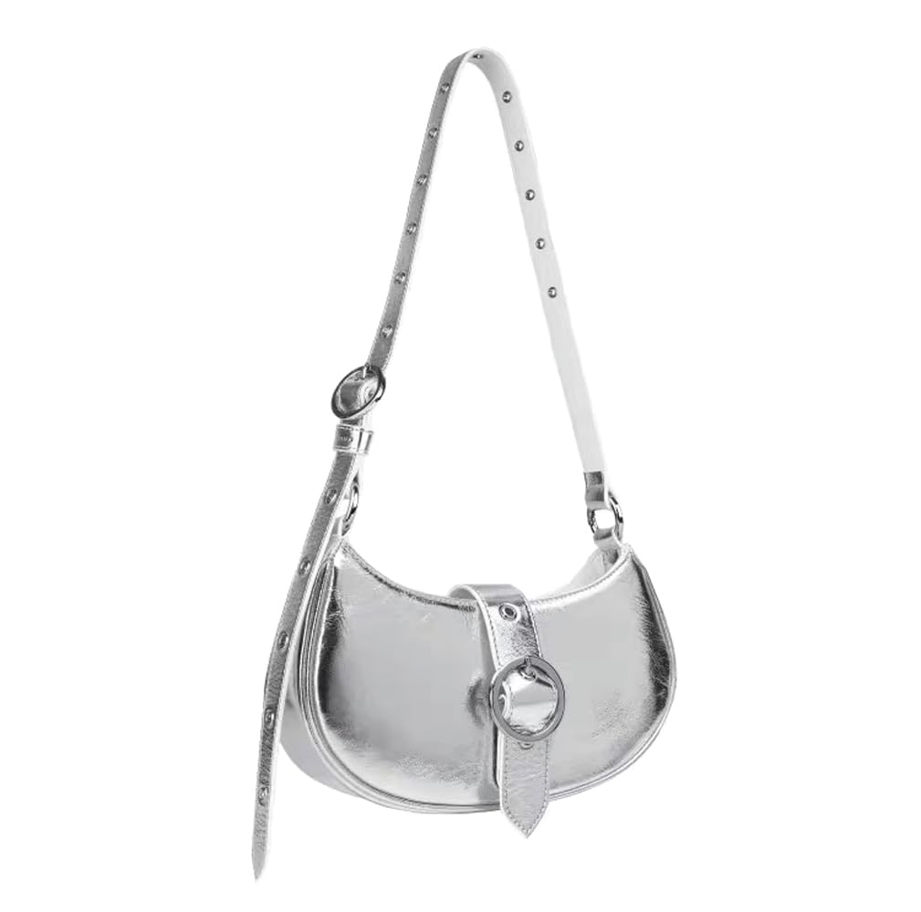 Ophlid Silver Crossbody Purse Y2K Metallic Shoulder Bags for Women Leather Punk Saddle Hobo Purses