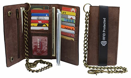 Men's RFID Signal Blocking Biker's Vintage Brown Leather Long Tri-fold Chain Checkbook Card ID Wallet (Brown)4