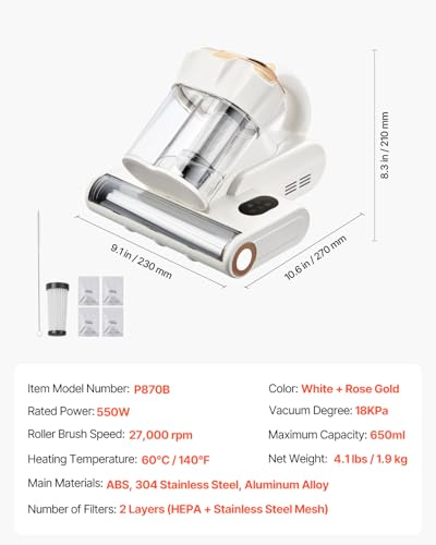 Image of VEVOR Mattress Vacuum Cleaner, 550W Bed Vacuum Cleaner with 18Kpa Powerful Suction and Dual Dust Bin, HEPA Filter & Heating, Ultrasound Tech & Cleaning Lights, Handheld for Bed, Sofa, Corded, White