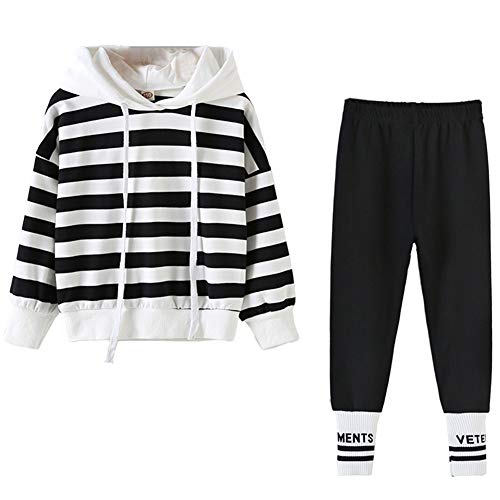 amropi Niña Raya Deportivos Conjunto de Ropa Chaqueta Sudadera Tops y Trotar Pantalones 2 Piezas Trajes por 4-15 años(Blanco Negro,14-15 años)