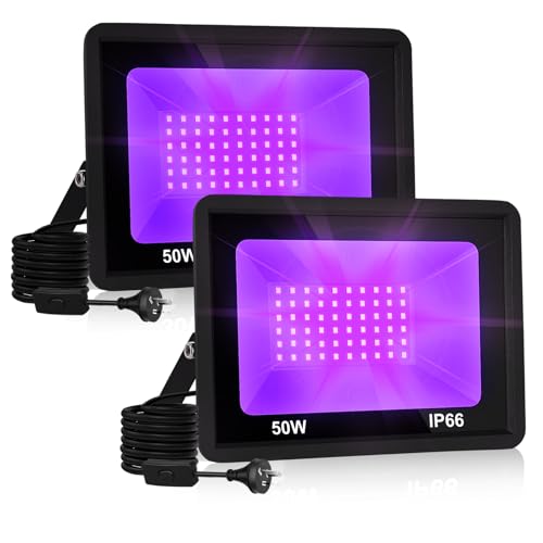 2Pack 50W LED Black Light, Blacklight Flood Light with Plug & Switch, IP66 Waterproof Outdoor Black Light Spotlight for Dance Party Fluorescent Poster Body Paint Stage Lighting