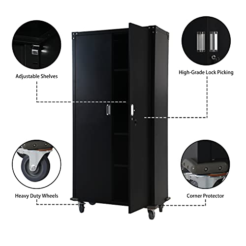 Pataku Rolling Storage Cabinet With Wheels, 72" Metal Garage Storage Cabinet With Locking Doors And Shelves, Steel Storage Cabinet On Wheels For Home,Office Garage (Black) #TOP4