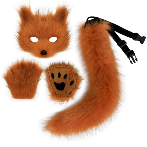 Adolala Faux Fur Fox Tail Cat Wolf Set Plush Mask Fluffy Paw Gloves Halloween Christmas Party for Women