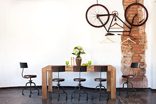 Rolling Stool With Wheels & Backrest, 18.5"-22.44" Counter Height Adjustable Swivel Round Wood Metal Kitchen Dining Breakfast Bar Stools, (Heavy Duty,Welding,Vintage Industrial,Black & Walnut) #TOP2