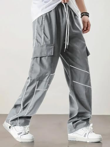 Men's Stylish Drawstring Casual Sweatpants with Drawstring Elastic Waist Stylish Side White Piping, Sports Streetwear.2