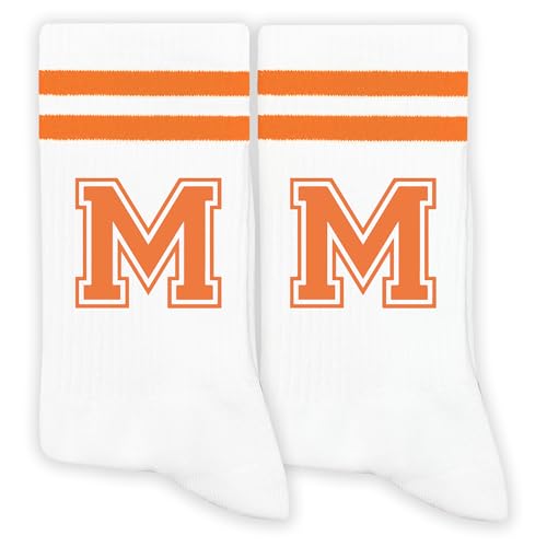 GRXXPIP Orange Initial Stripes Socks with Letter M Retro Athletic Style Socks Personalized Gifts for Birthday Christmas Back-to-school Season or Just Because Sporty Daily Wear.(012)
