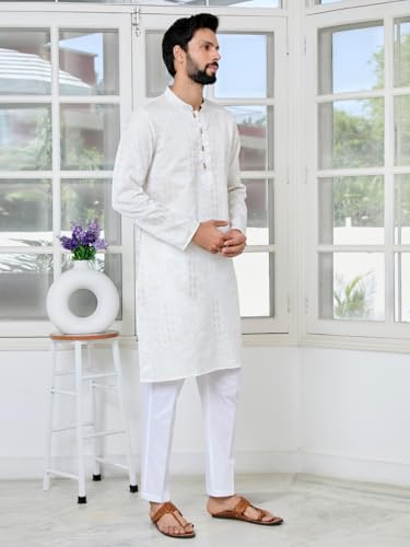 Image of See Designs Men's Full Sleeve Mandarin Collar Floral Embroidered Mandarin Collar Thread Work Straight Long Kurta with Pyjama - Festive Collection