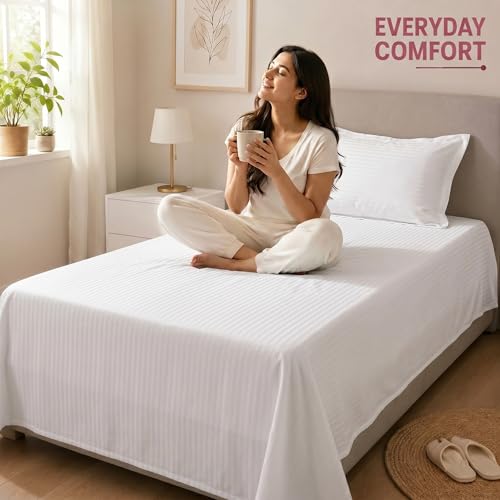 Image of Mafatlal Classic 210 TC 100% Cotton Single Bedsheet | 90 x 60 Inches | Soft & Breathable Fabric | Elegant Italian Stripes Pattern | Lightweight Comfort | White