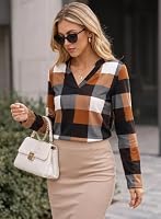 Dokotoo Womens Blouse Spring Fall Fashion Ladies Basic Cotton Cuffed 3/4 Long Sleeve Plaid Print V Neck Work Tops Tunic Blouses Shirts for Women 2025 Business Casual Orange — image 3