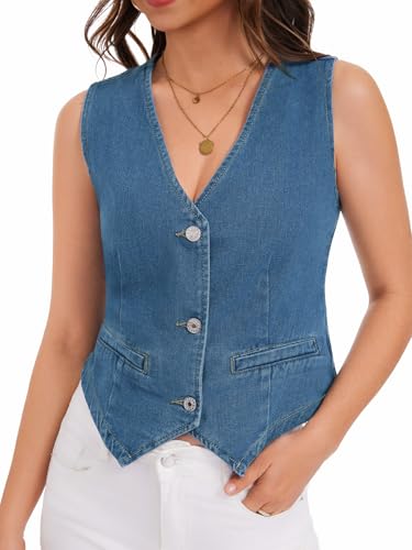 WUDODO Womens Denim Vest Cropped V Neck Button Down Jean