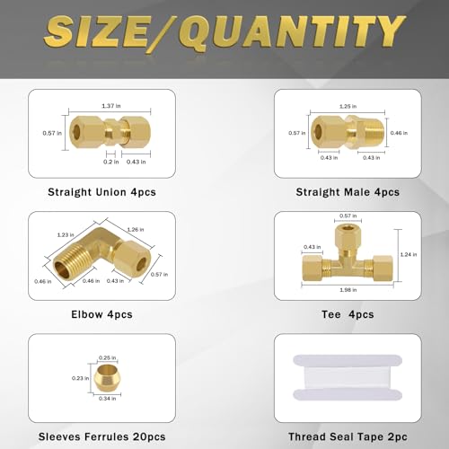 Trustkits COMPRESSION-38PCS 38 Pcs 1/4 Inch Brass Compression Fittings Assortment, Compression Union Tee, 1/4 Npt Compression Fitting Straight Coupling Adapter, 90 Degree Elbow thumb #1