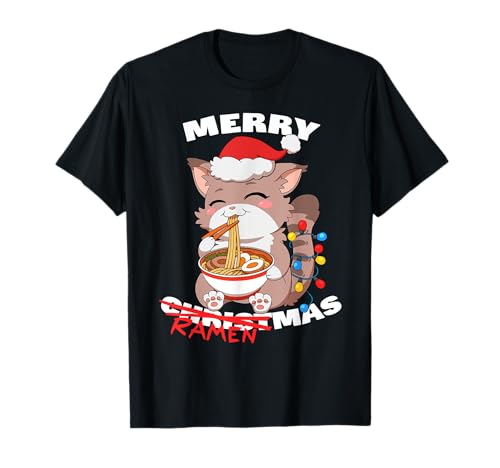 Anime Kawaii Gato Santa Sombrero Feliz Ramenmas Navidad Camiseta