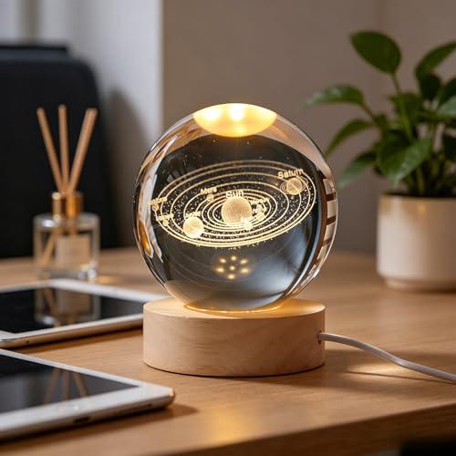 Zalaxt 3D Solar System Clover Crystal Ball 60mm with Wood Base, Good Universe Gifts Ideas Glass Ball