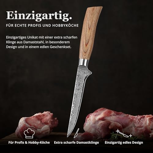 Foto von Wakoli EDIB Pro Ausbeinmesser aus echtem Damaststahl (VG10 Kern) mit 14 cm Klinge – Scharf und ergonomisch – Damastmesser mit Pakkaholzgriff in Geschenkbox – Damast Filetiermesser für Fisch & Fleisch