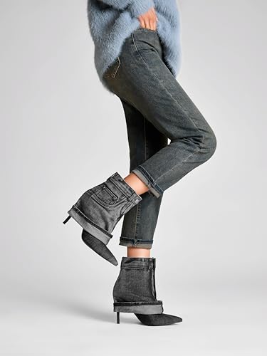 Pointed Toe Fine Stiletto High Heel Ankle Denim Booties for women Fold Over Ankle Short Jean Boots Fashion Women's Shoes3