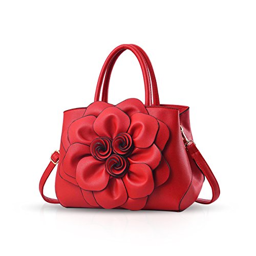 NICOLE & DORIS Sac à Main Femme Mode en PU Cuir - Petit Sac Bandoulière Chic Avec des Fleurs Rouge