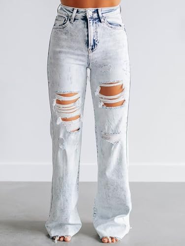 Flamingals Women's Ripped Bootcut Jeans Mid Rise Tummy Control Cut Out Raw Hem Denim Jeans2