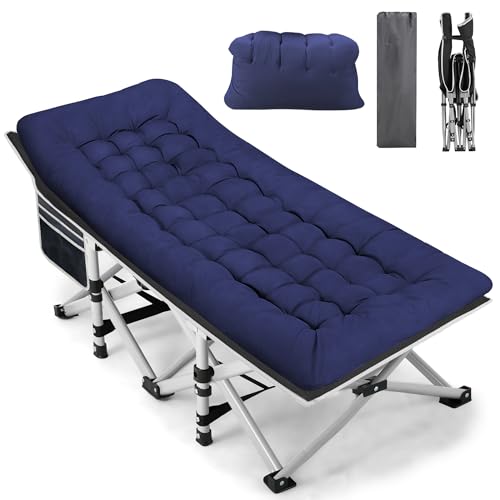 Fragess Portable Camping Cot, Sleeping Cot for Adult, 28' Extra Wide Heavy Duty Folding Cot Max Load 600LBS with Thick Mattress, Portable Camping Bed for Camp Outdoor/Office, Home Nap (Blue)