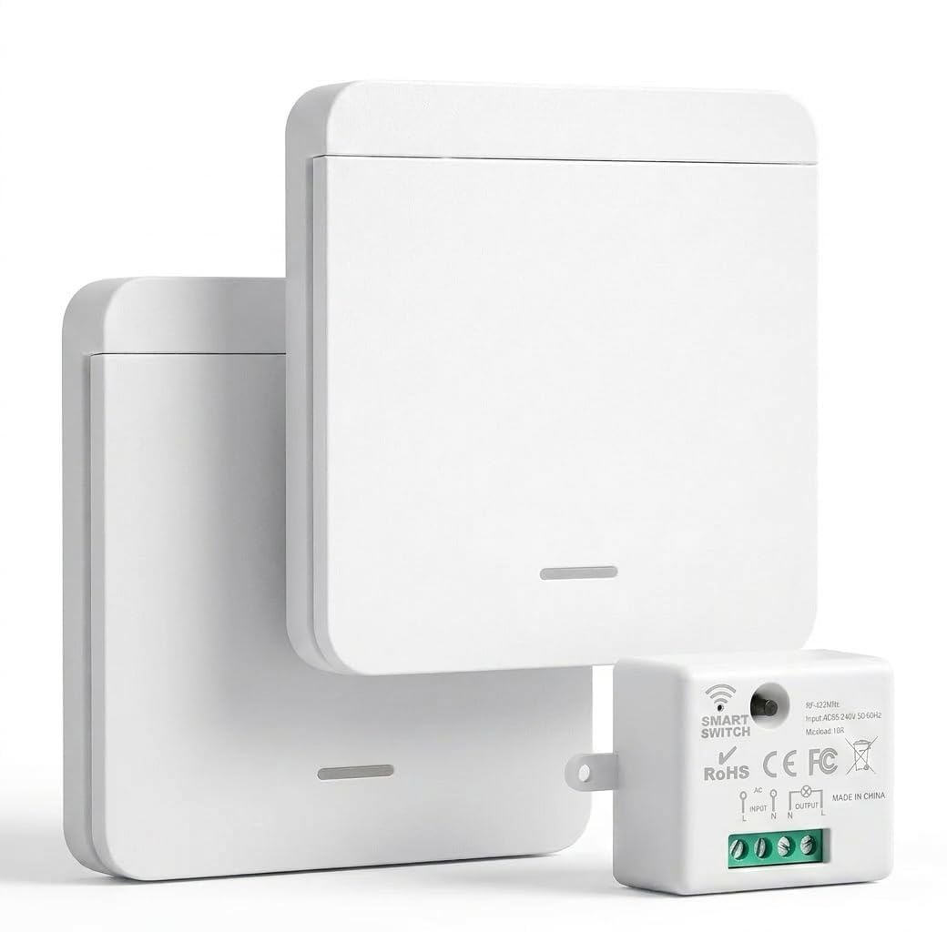 Interruptor de luz Inalámbrico Kit Interruptor Luces Inalambrico 230V Interruptor de Seguridad con 2 Transmisor RF y Controlador Receptor 10A Alcance 50m No Requiere Cableado para Lámpara Hasta 2300W