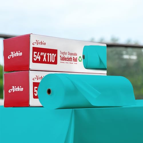 Image of Plastic Table Cloth, 110 Ft X 54 In Disposable Tablecloth Light Blue Tablecloth Premium PEVA Plastic Table Cloth Disposable with Any Cut Sliding Cutters for Picnics, Parties, Birthdays, Festivals