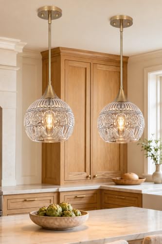 DSMJFU Gold Pendant Lights for Kitchen Island Glass Pendant Light Set of 2