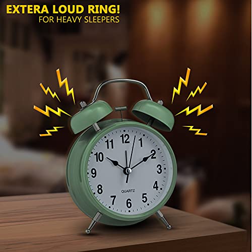 Image of Bernhard Products Analog Alarm Clock 4 inch Twin Bell Green Silent Non-Ticking Quartz Battery Operated Extra Loud with Backlight for Bedside Desk, Retro (Pistachio Green)