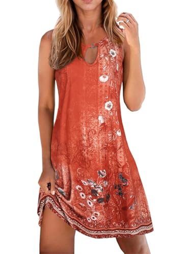 SimpleFun Sun Dress for Beach Vacation with Pockets Cotton Short Dress Flowy Swing Tank Dresses Red Floral,M