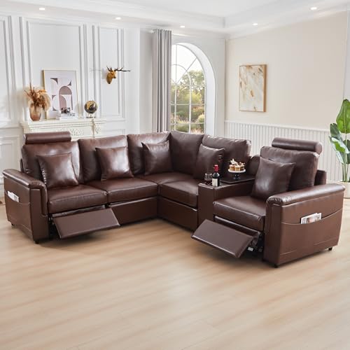 Image of RARZOE Faux Leather Sectional Sofa with 2 Power Recliner, L Shaped PU Leather Couch with Storage Console Charging Cup Holders, 5 Seater Oversized Modular Reclining Couches for Living Room,Brown