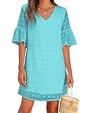 Blooming Jelly Womens Pink Dresses Short Sleeve V Neck Ruffle Cute Sun Dresses Chiffon Flowy Shift Mini Dress (X-Large,Turquoise)