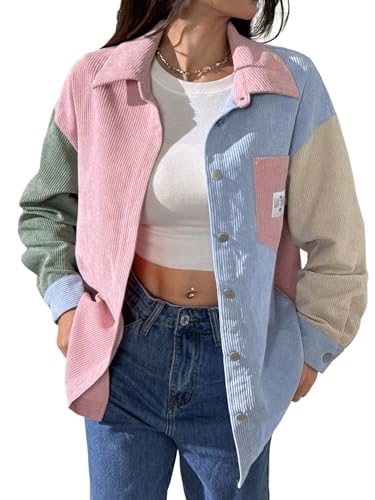 GORGLITTER Cordhemd Damen Elegant Langarm Button Down Hemdbluse mit Taschen Loose Fit Blusen Freizeitjacke Cord Jacken mit Knöpfen Rosa XL