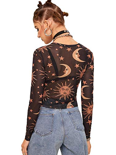 SweatyRocks Women's Long Sleeve Mock Neck Butterfly Print Sexy Sheer Mesh Crop Top # Black S