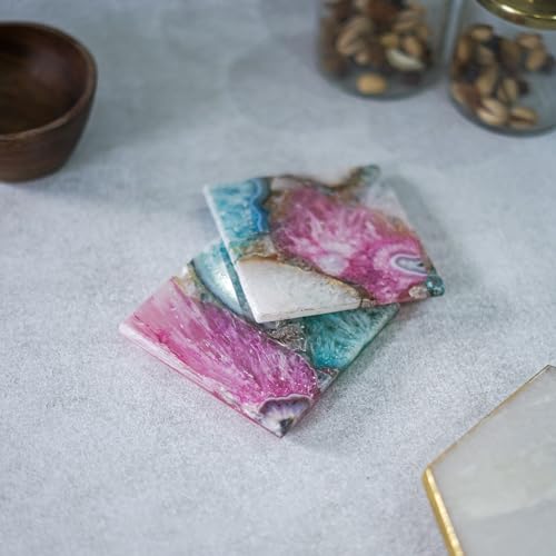 Image of Crystal Agate Stone Coaster Set of 2 Square Table Coaster for Bar Beer Coffee Tea Drinking Coasters for Dining Table Hot Pots -Multicolor